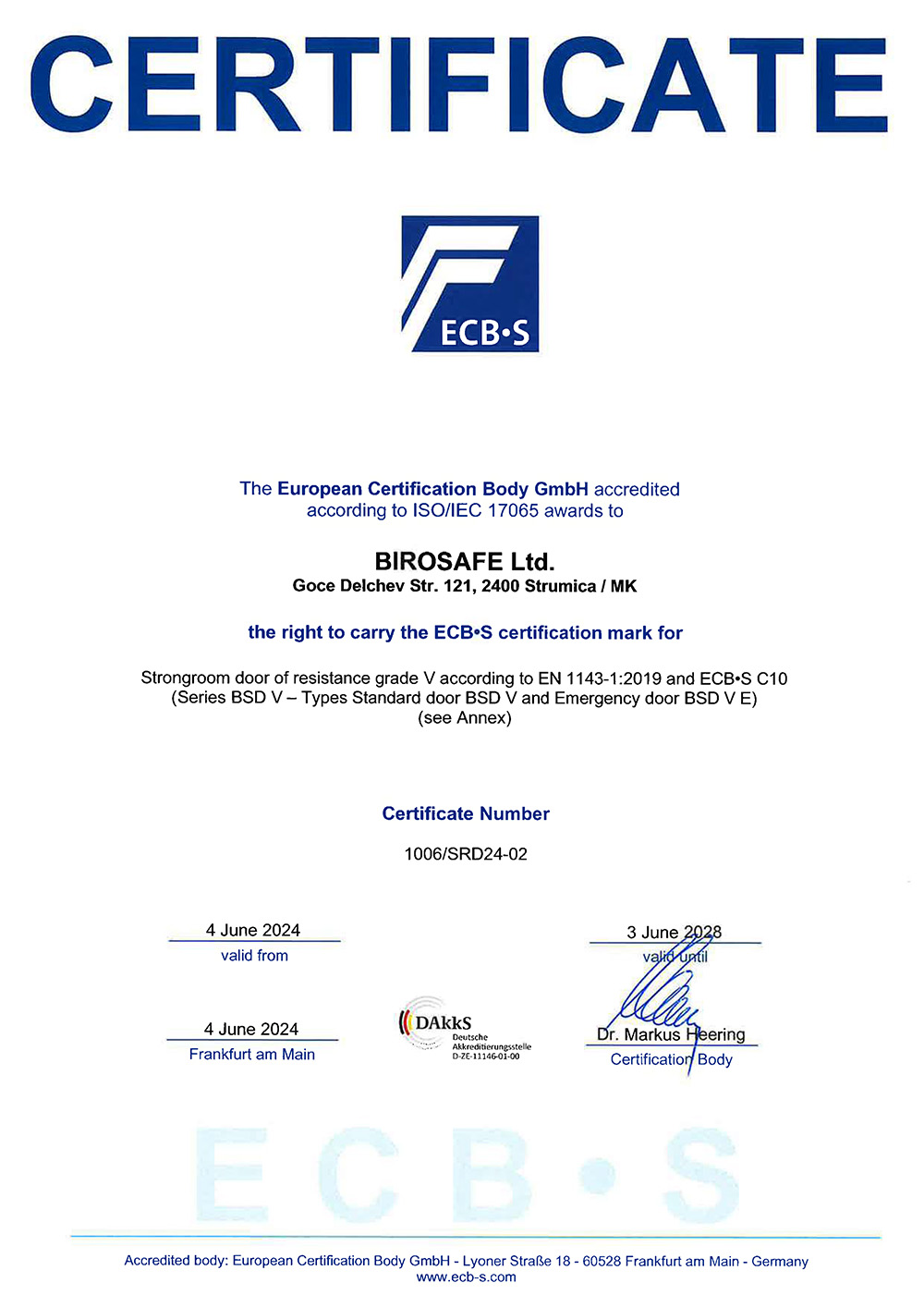 ECB-S Certification for Strongroom doors of resistance grade V